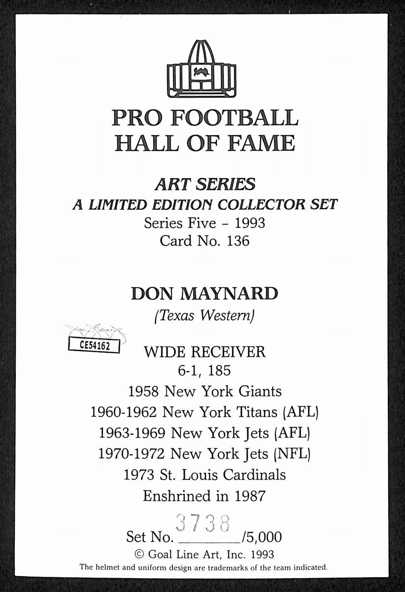 Don Maynard HOF Signed/Auto 1993 Goal Line Art GLAC Postcard Jets JSA 196060