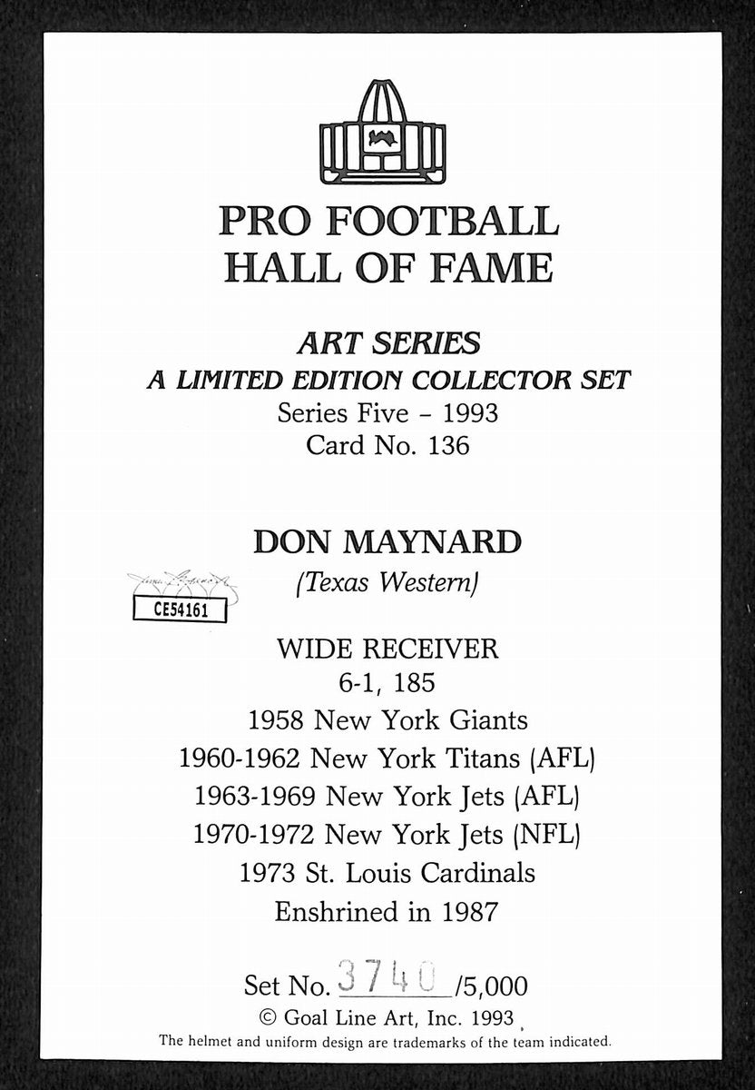 Don Maynard HOF Signed/Auto 1993 Goal Line Art GLAC Postcard Jets JSA 196061