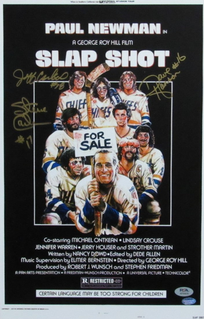 Jeff & Steve Carlson, David Hanson Signed/Insc 11x17 Poster "Slap Shot" PSA/DNA