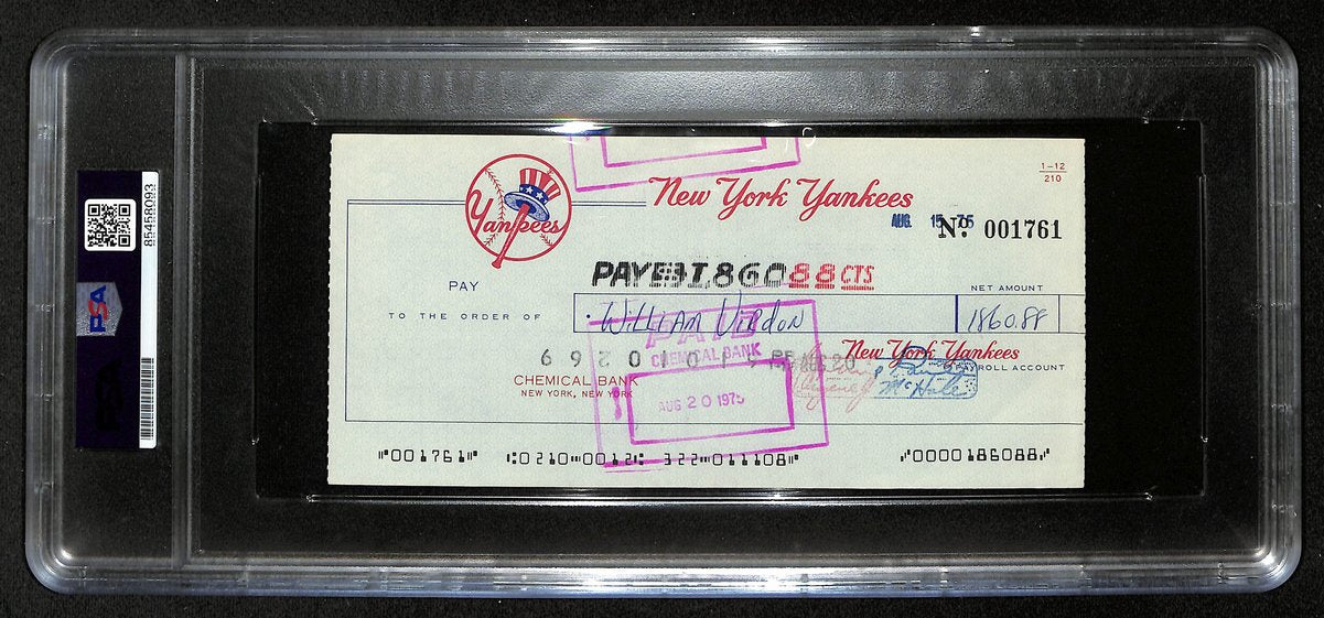 Bill Virdon Signed/Auto 1975 NY Yankees Payroll Bank Check PSA/DNA 194539