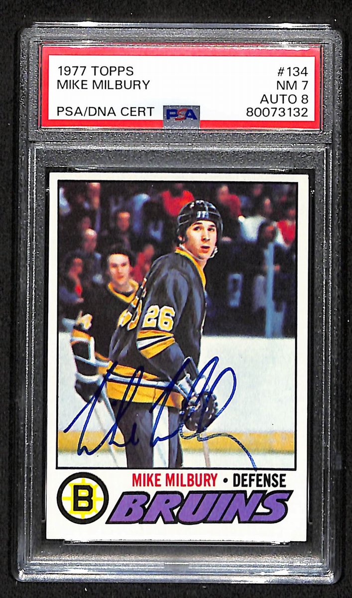 Mike Milbury Signed/Auto 1977 Topps Card #134 Boston Bruins PSA/DNA NM 7 195915