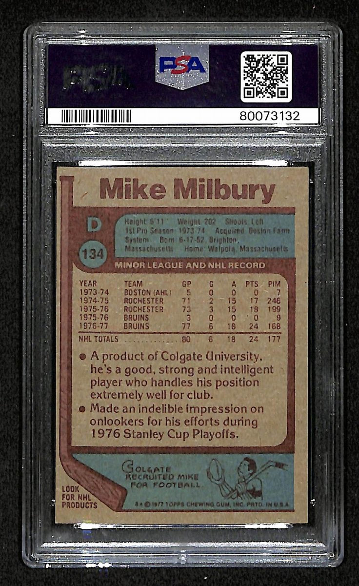 Mike Milbury Signed/Auto 1977 Topps Card #134 Boston Bruins PSA/DNA NM 7 195915