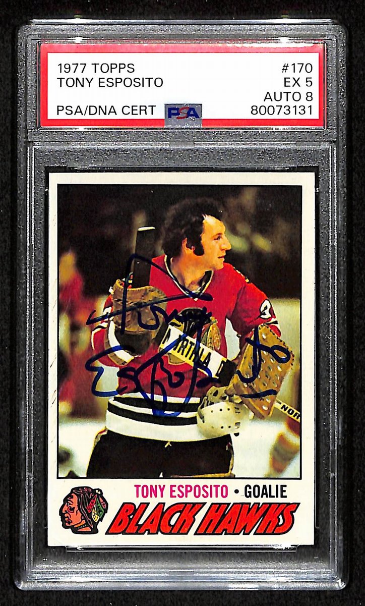 Tony Esposito HOF Signed 1977 Topps Card #170 Black Hawks PSA/DNA EX 5 195921