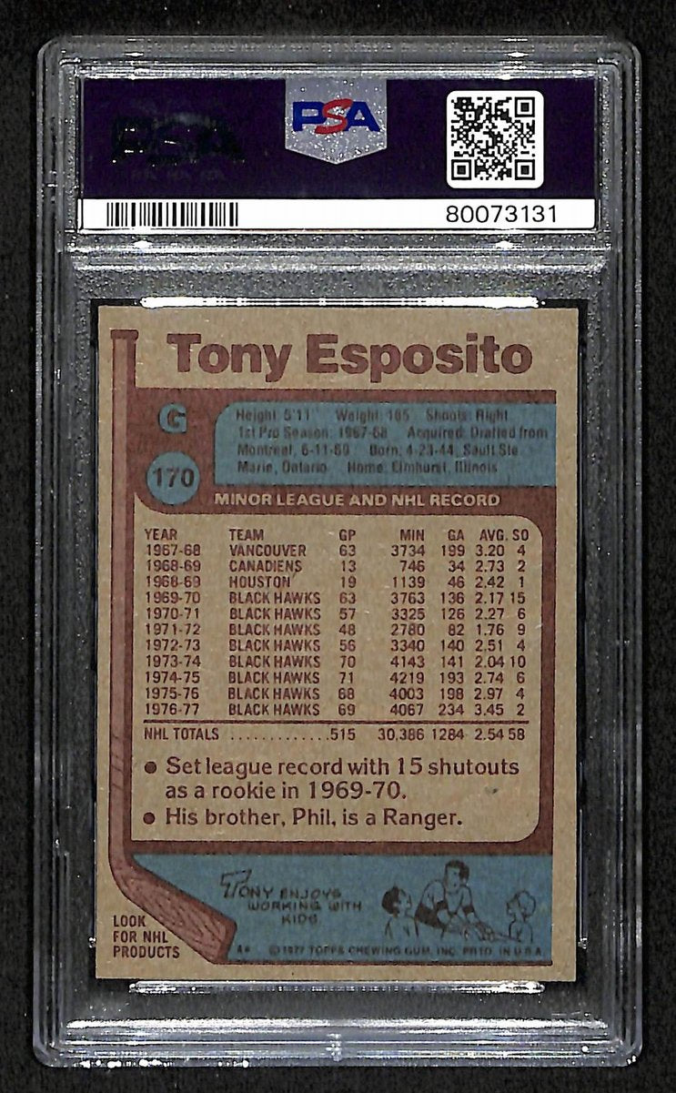 Tony Esposito HOF Signed 1977 Topps Card #170 Black Hawks PSA/DNA EX 5 195921