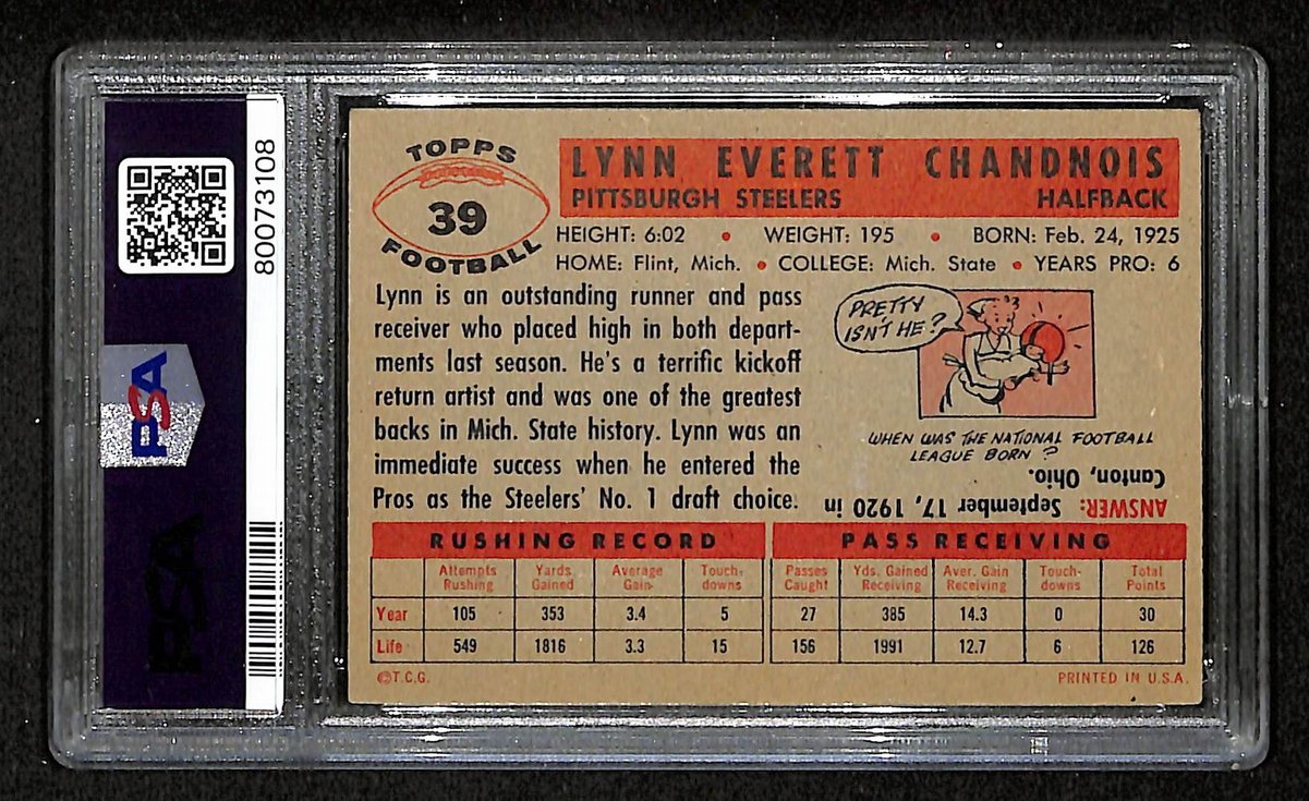 Lynn Chandnois Signed 1956 Topps Card #39 Steelers PSA/DNA EX 5 195926
