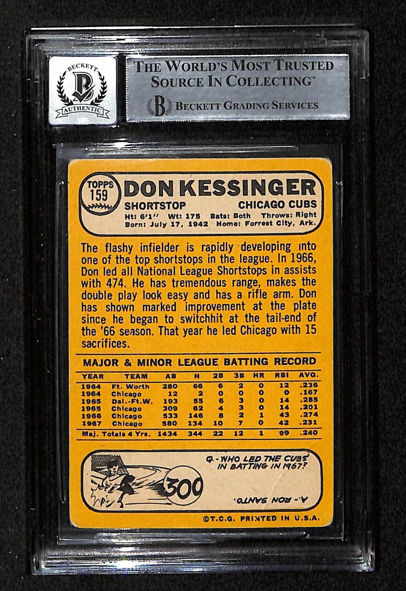 Don Kessinger Signed/Auto 1968 Topps Card #159 Chicago Cubs BAS Grade 10 195962