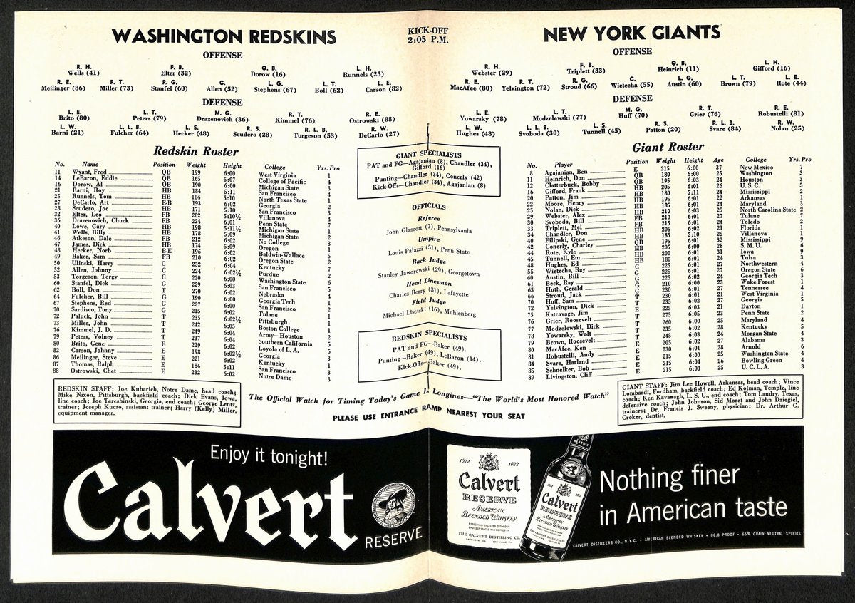 1956 New York Giants vs. Washington Redskins NFL Football Game Program 196085