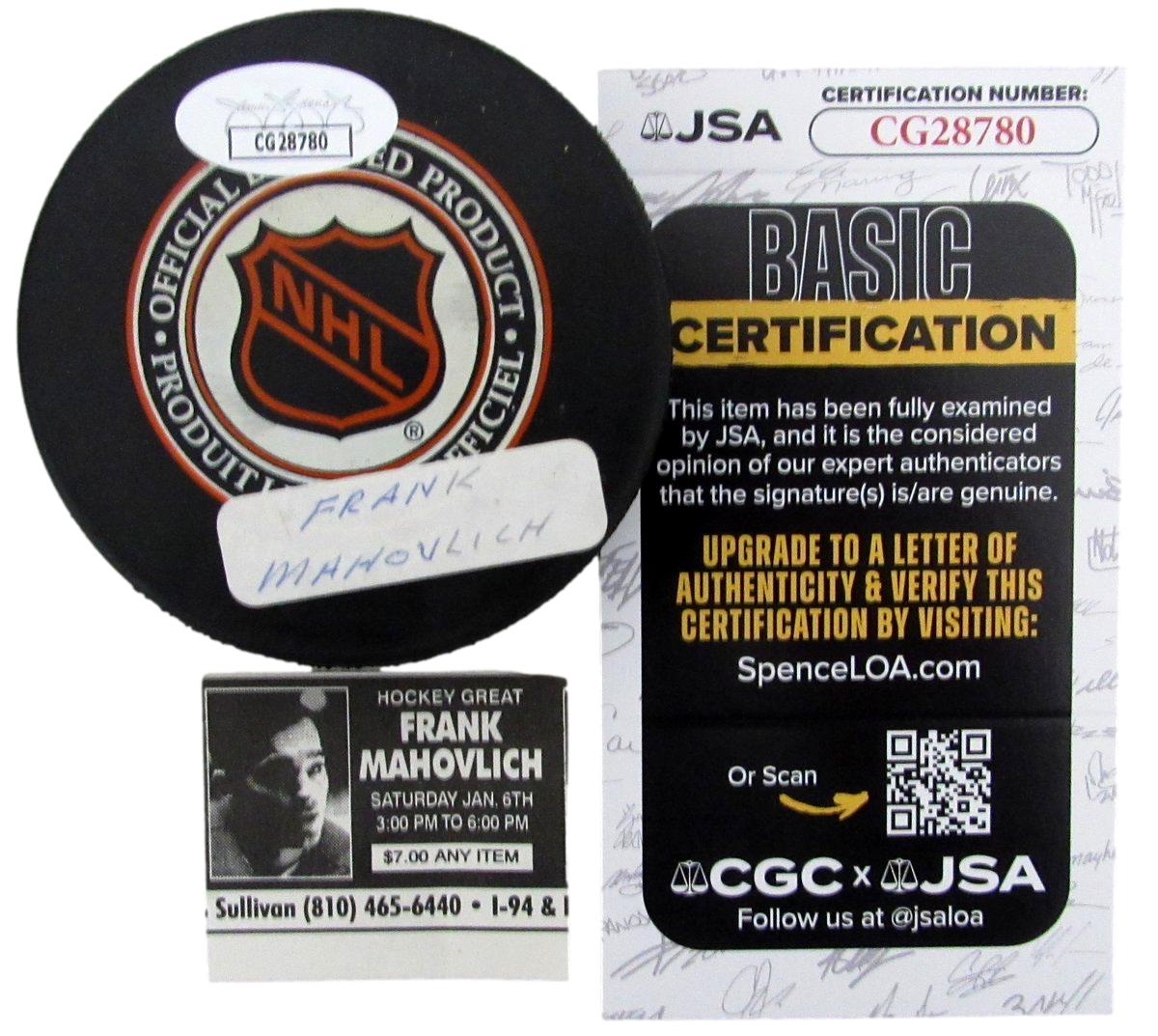 Frank Mahovlich HOF Signed/Inscribed Detroit Red Wings Hockey Puck JSA 197341