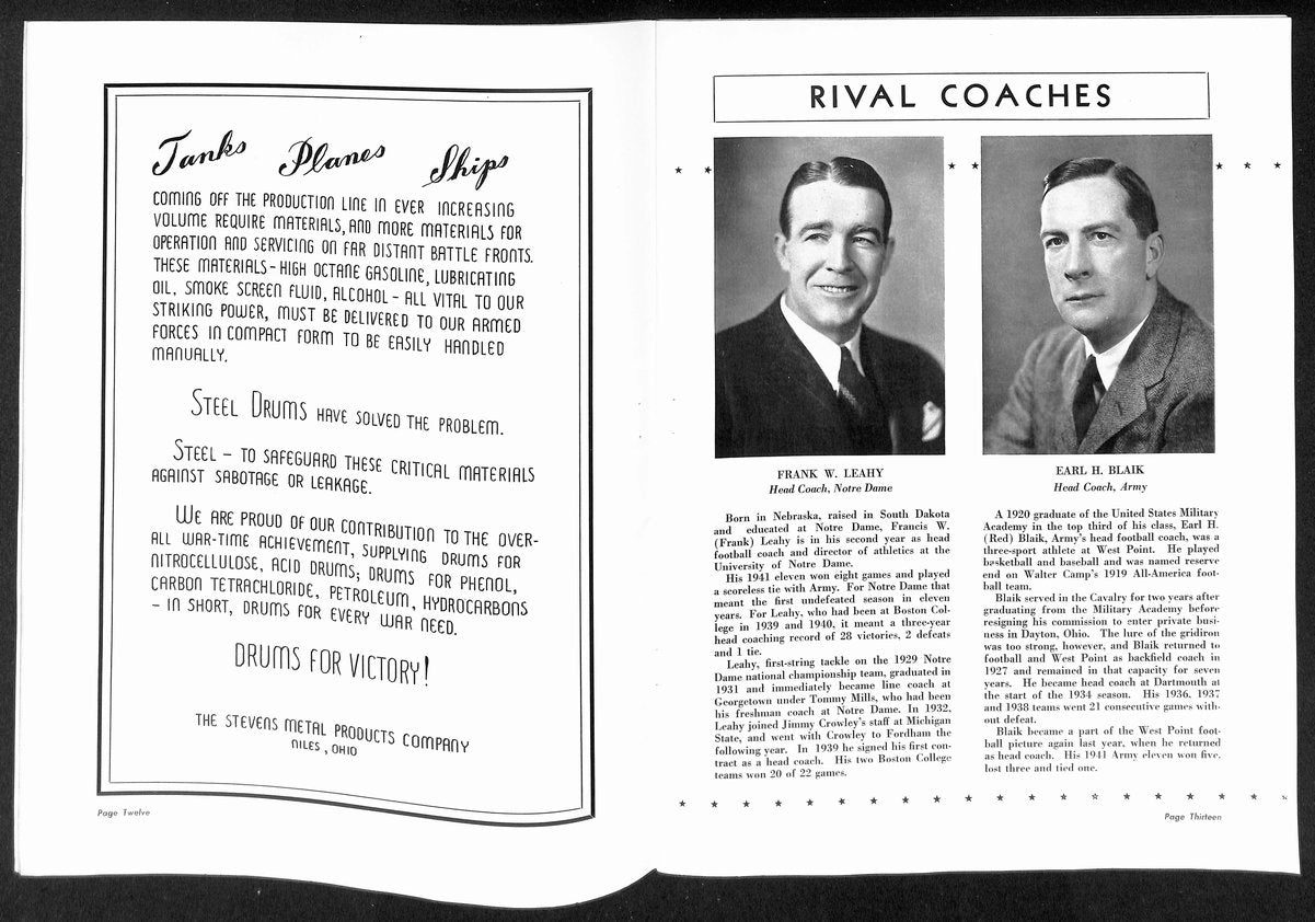 1942 Army vs Notre Dame Vintage College Football Game Program 195832
