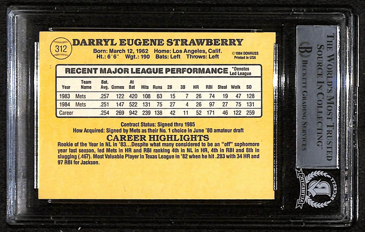 1985 Donruss Darryl Strawberry Signed/Auto Card #312 Mets BAS/Beckett 197109