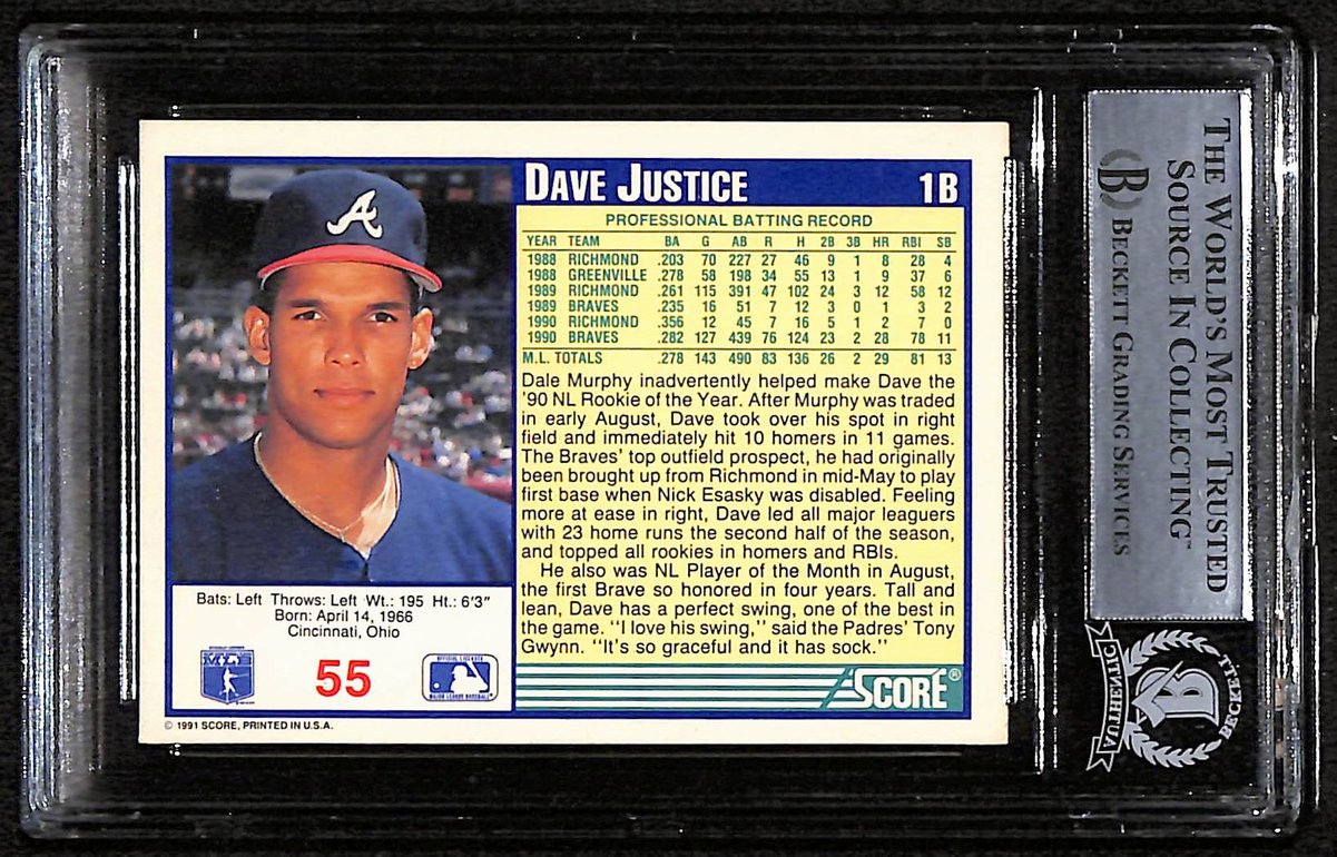 1991 Score David Justice Signed/Auto Card #55 Atlanta Braves BAS/Beckett 197114