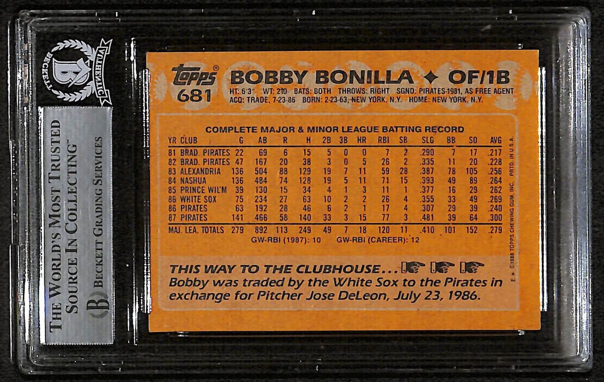 1988 Topps Bobby Bonilla Signed/Autographed Card #681 Pirates BAS/Beckett 197115