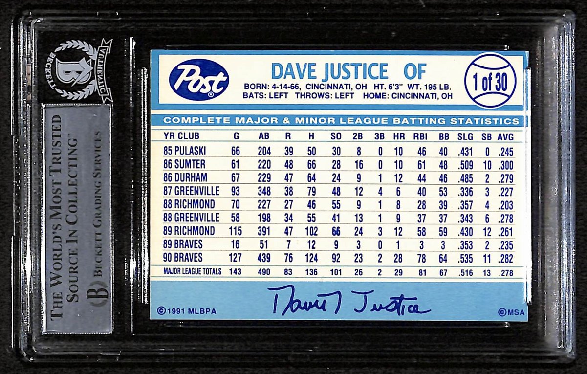 1991 Post David Justice Signed/Auto Card #1 Atlanta Braves BAS/Beckett 197117