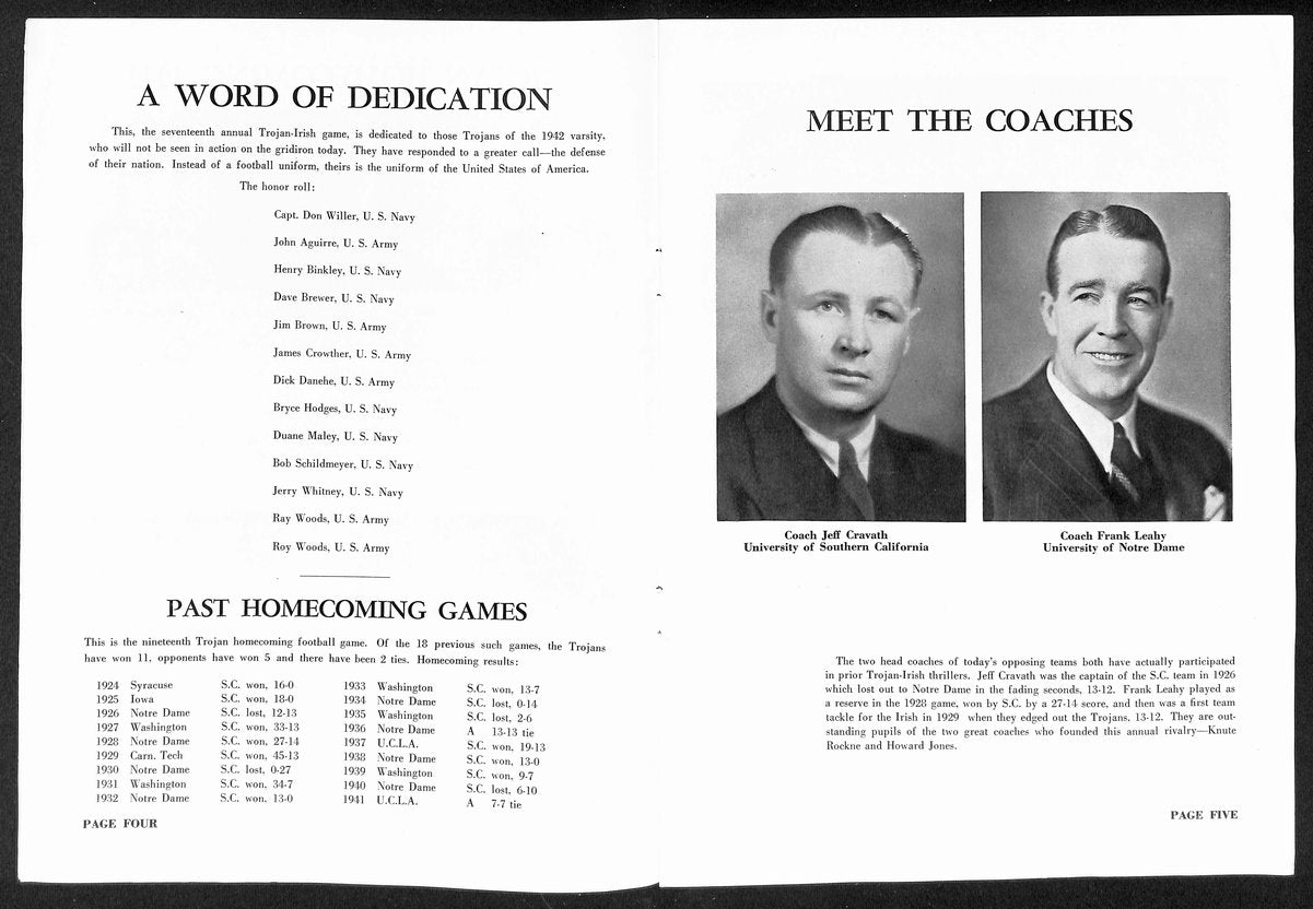1942 USC vs Notre Dame Vintage College Football Game Program 195824