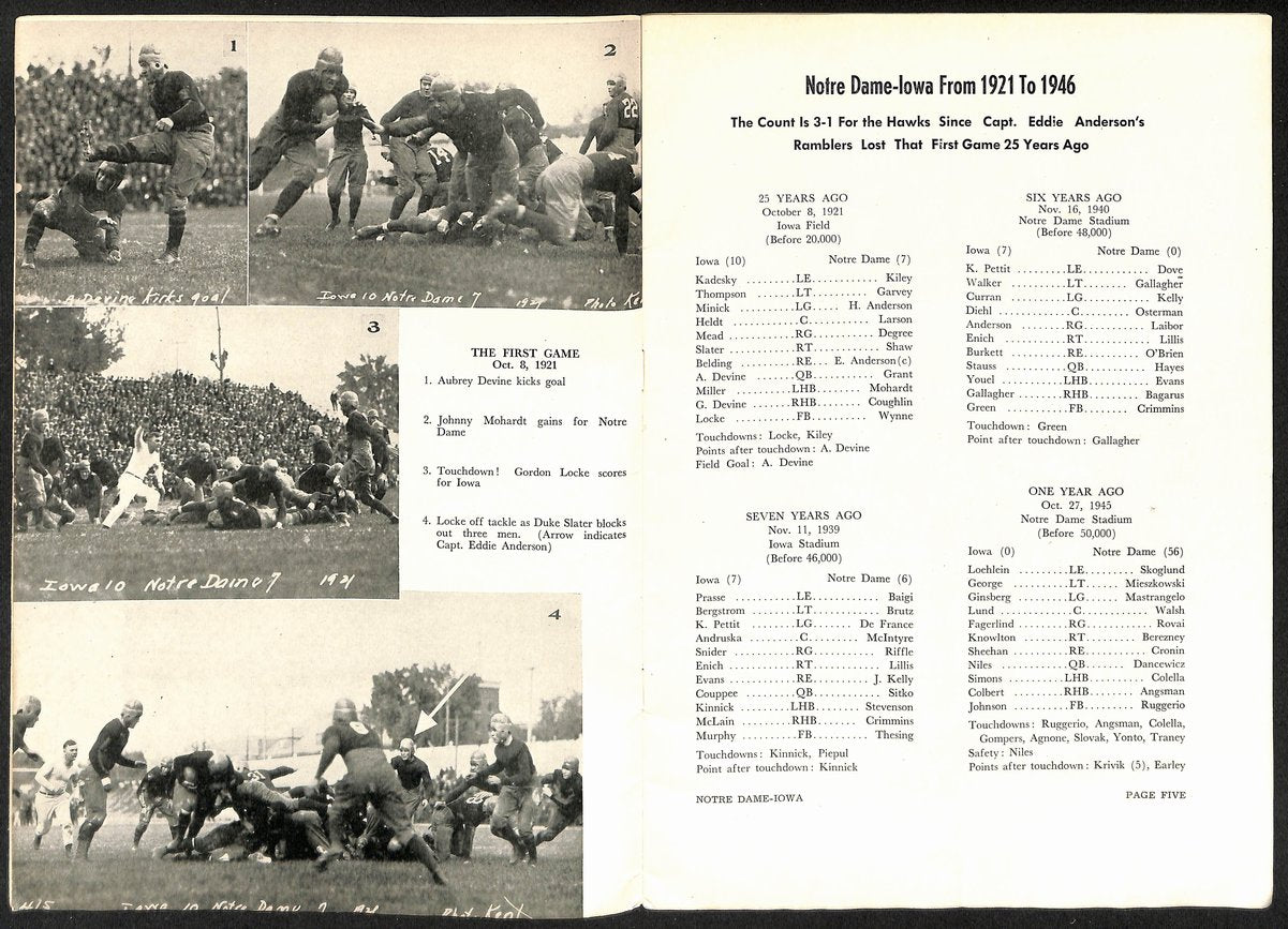 1946 Iowa vs Notre Dame Rare Vintage College Football Game Program 194577