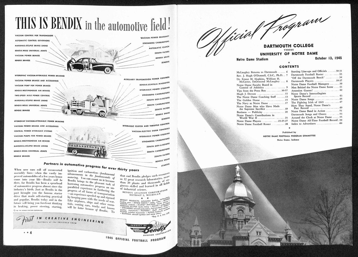 1945 Dartmouth vs Notre Dame Rare Vintage College Football Game Program 194583
