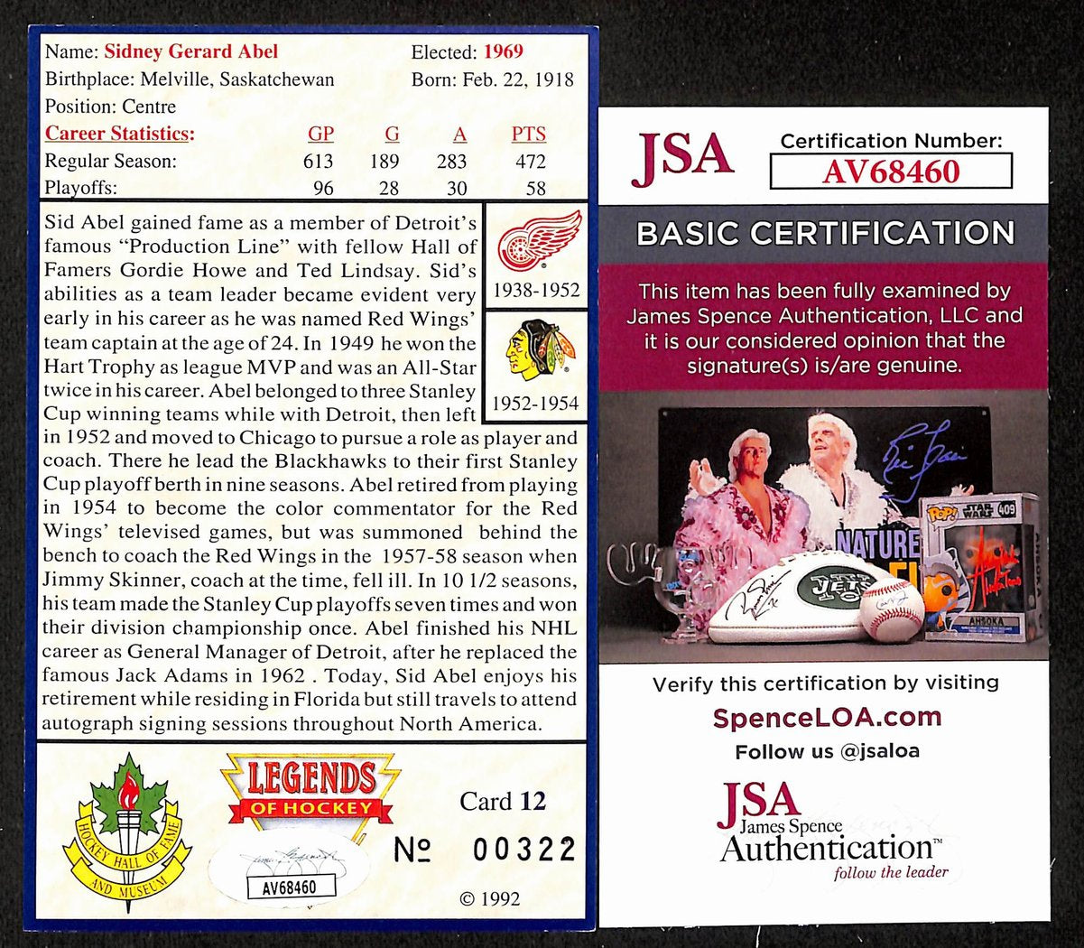 Sid Abel HOF Signed/Auto 1992 Legends of Hockey Card #12 Red Wings JSA 197070