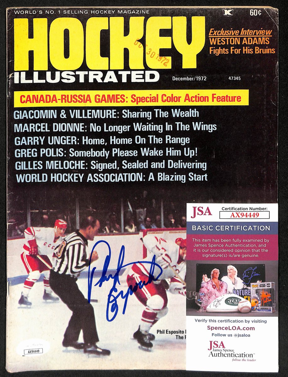 Phil Esposito Boston Bruins Signed 1972 Hockey Illustrated Magazine JSA 197149