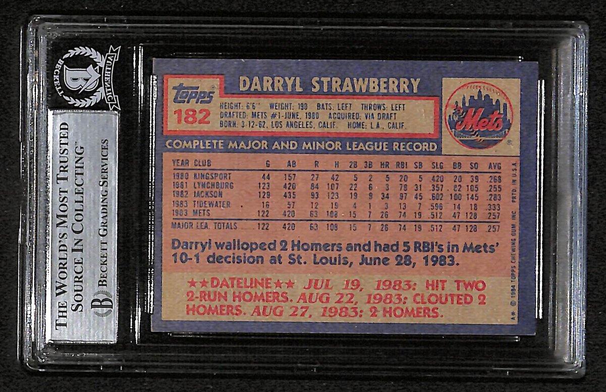 Darryl Strawberry Signed/Auto 1984 Topps RC Card #182 Mets BAS/Beckett 197121