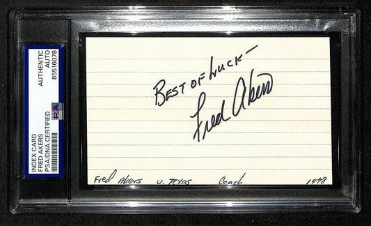 Fred Akers Texas Longhorns Best Wishes Signed 3x5 Index Card PSA/DNA 196939