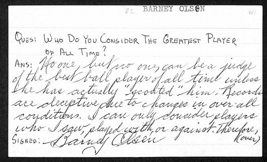 Barney Olsen Chicago Cubs d.1977 Signed/Autographed 3x5 Index Card 197635