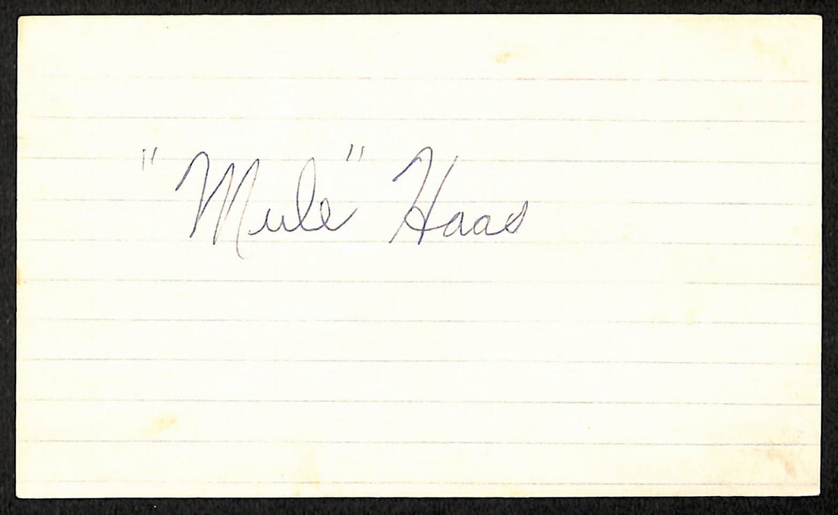 Mule Haas Philadelphia A's d.1974 Signed/Autographed 3x5 Index Card 197660