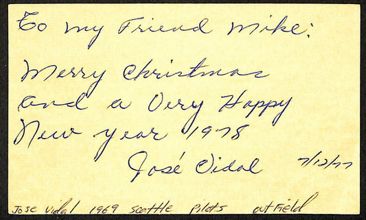 Jose Vidal Seattle Pilots d.2011 Signed/Autographed 3x5 Index Card 197685