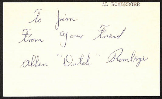 Al "Dutch" Romberger Athletics d.1983 Signed/Autographed 3x5 Index Card 197699