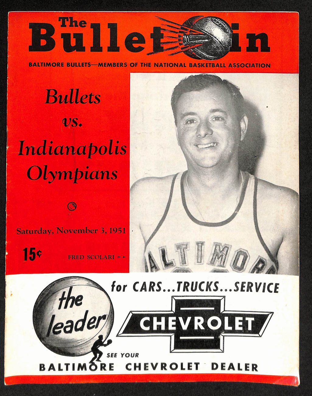 1951 Baltimore Bullets vs Indianapolis Olympians RARE Game Program  198203