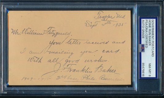 John Home Run Baker HOF Signed 1935 Government Postcard (PSA/DNA NM-MT 8) 198666