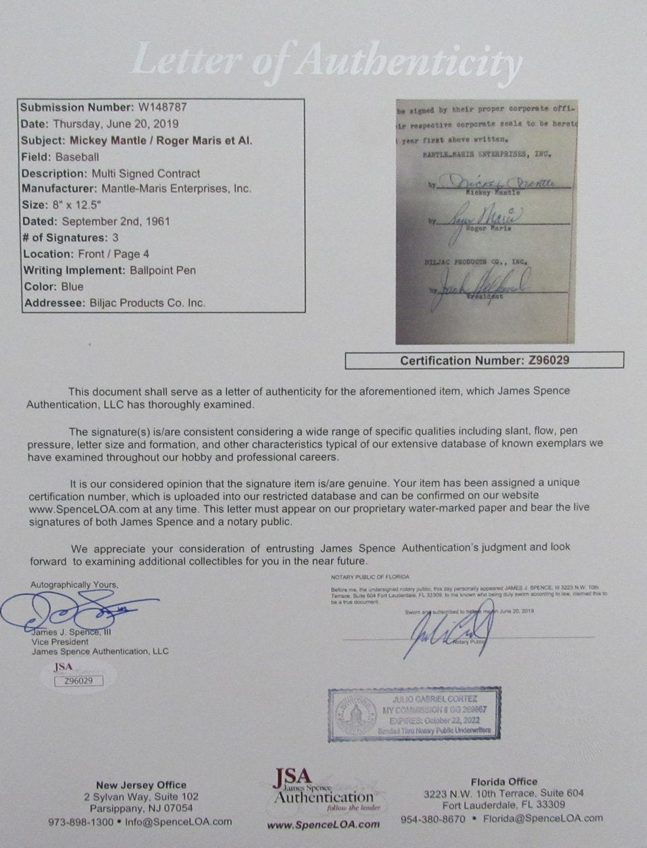 Mickey Mantle/Roger Maris NY Yankees Dual-Signed/Auto Contract JSA 198670