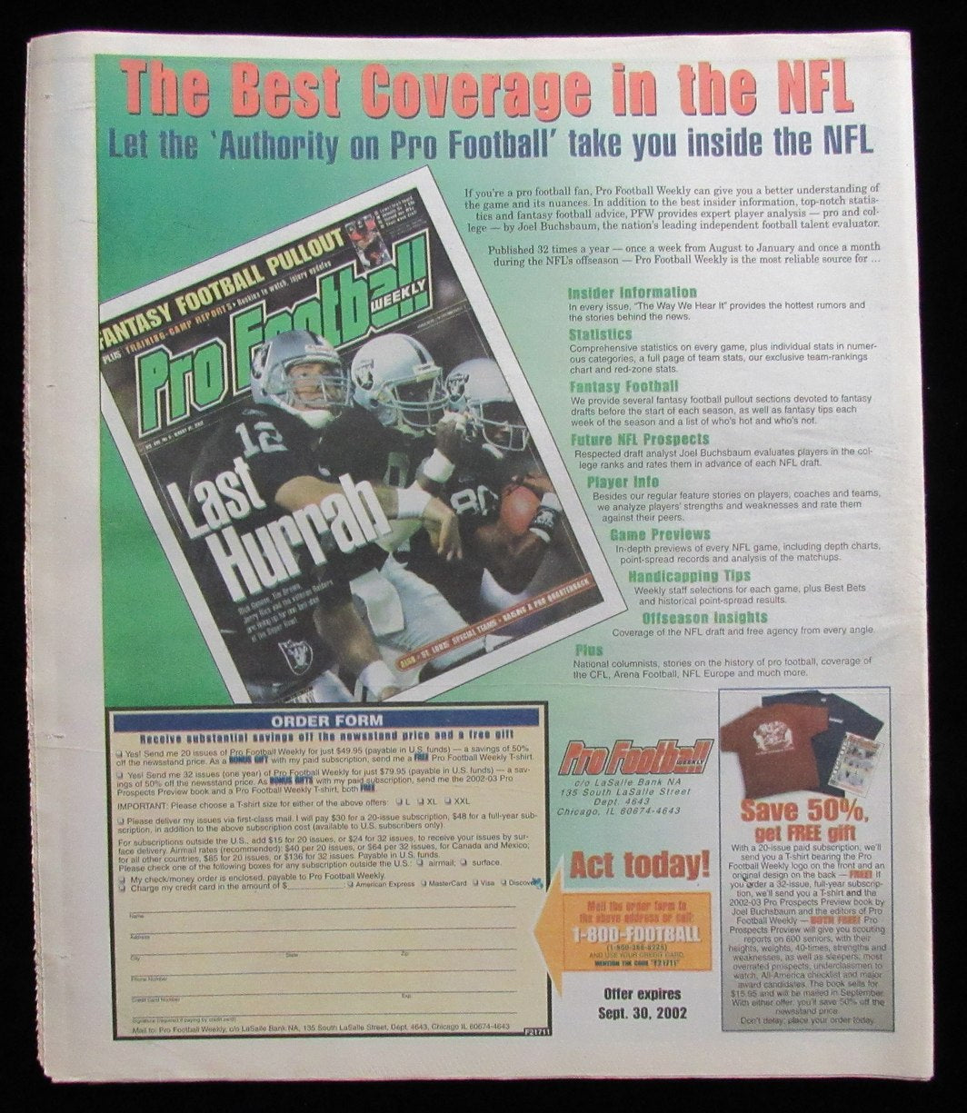 September 23, 2002 Pro Football Weekly Newspaper Tom Brady on Cover 198234