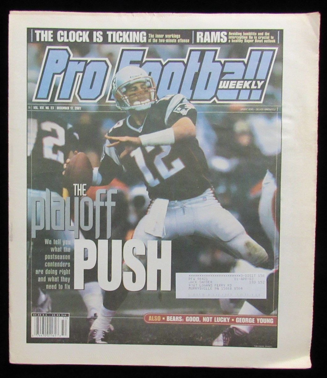December 17, 2001 Pro Football Weekly Newspaper Tom Brady on Cover 198232