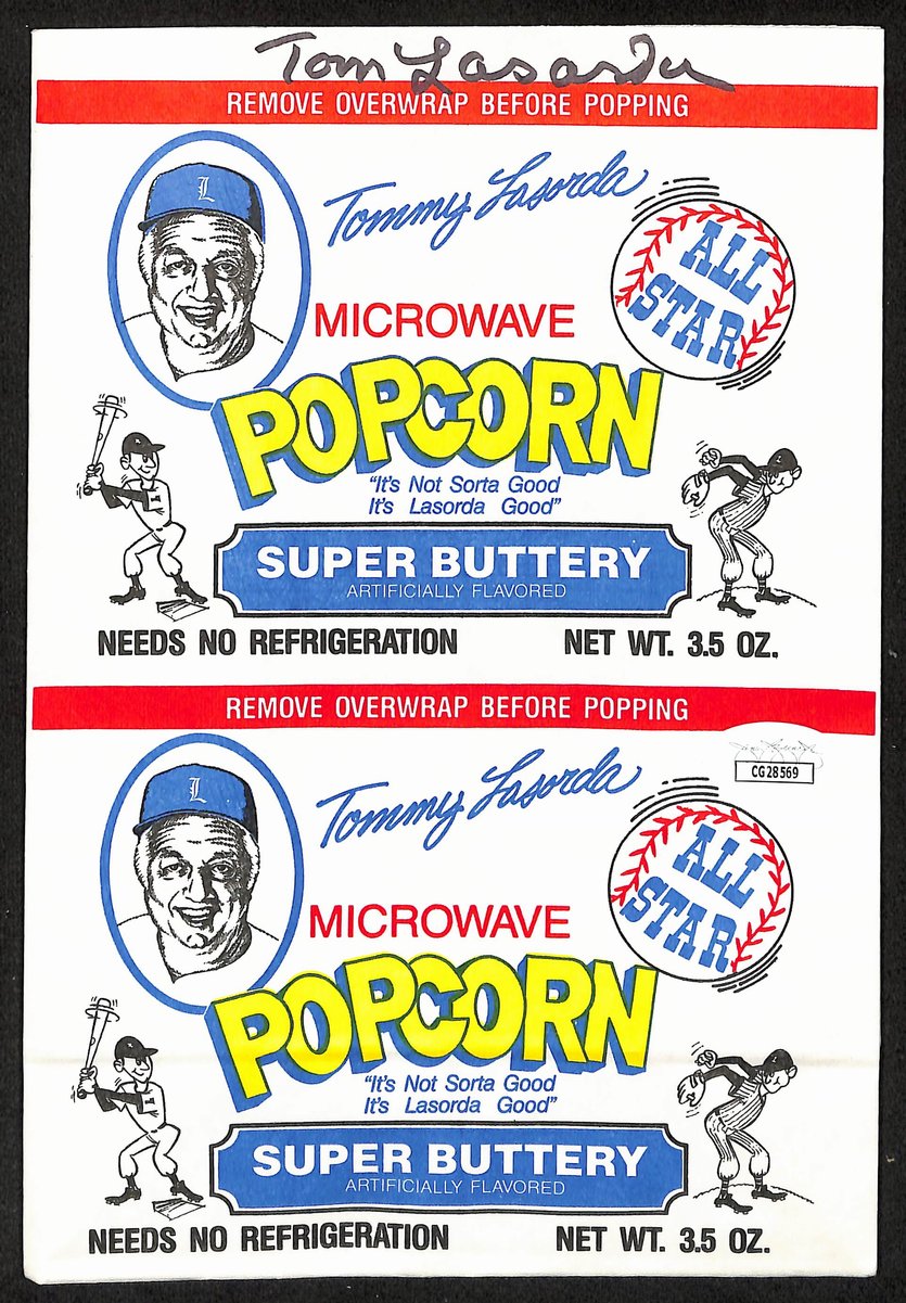 Tom Lasorda HOF Los Angeles Dodgers Signed 6x9 Microwave Popcorn Bag JSA 197977