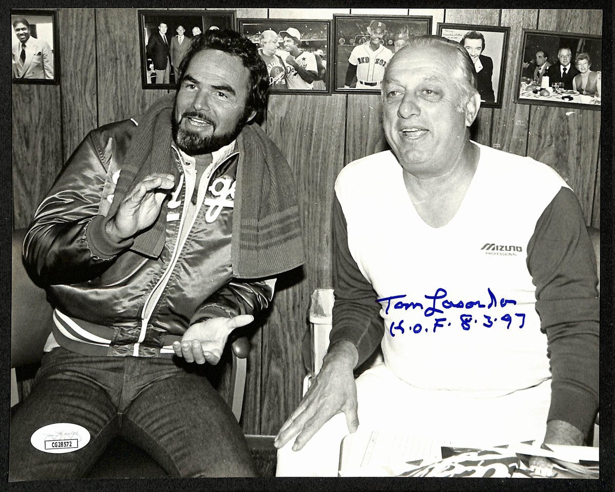 Tom Lasorda HOF Dodgers Signed/Inscr 8x10 B/W Photo w/ Burt Reynolds JSA 197978