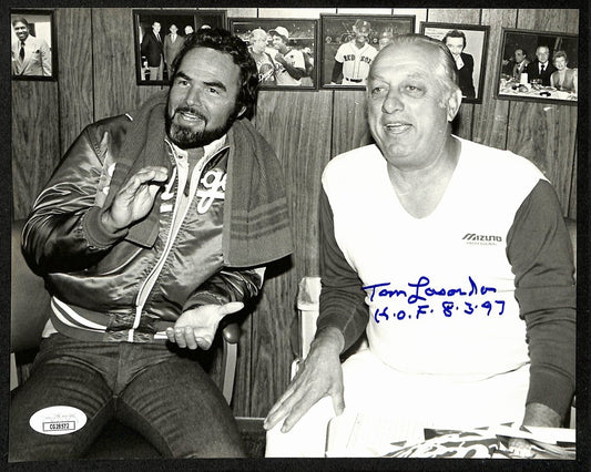 Tom Lasorda HOF Dodgers Signed/Inscr 8x10 B/W Photo w/ Burt Reynolds JSA 197978