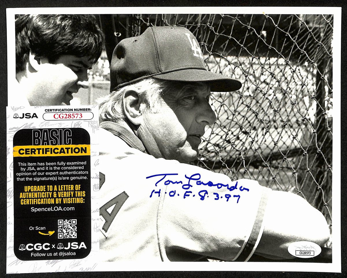 Tom Lasorda HOF Los Angeles Dodgers Signed/Inscribed 8x10 B/W Photo JSA 197979