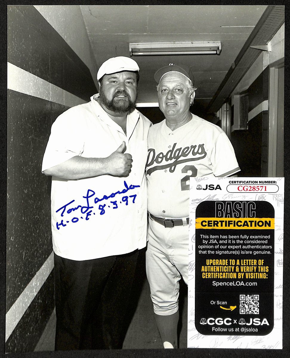 Tom Lasorda HOF Dodgers Signed/Insc 8x10 Photo w/ Dom DeLuise JSA 197984