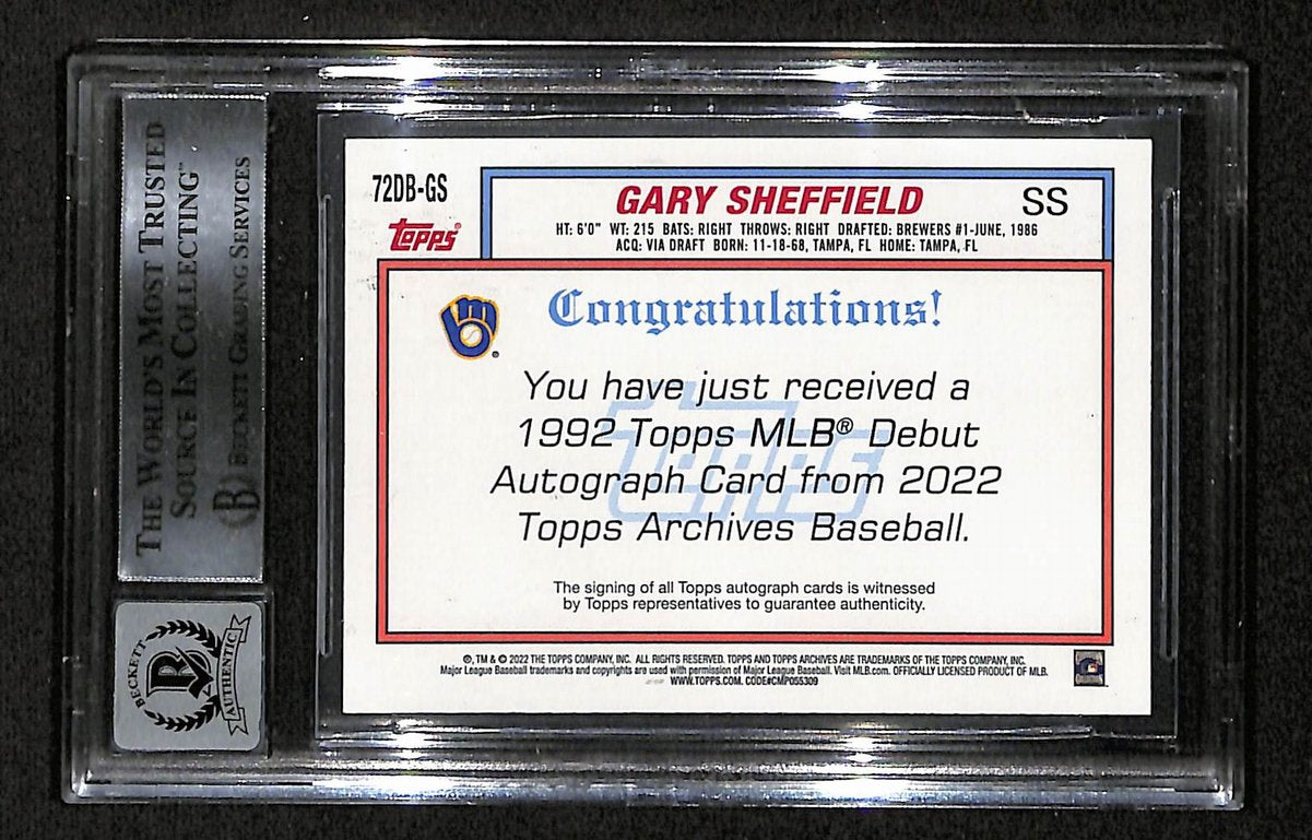 Gary Sheffield Signed 2022 TOPPS Archives Card #72DB-GS BAS/Beckett GEM MINT 10