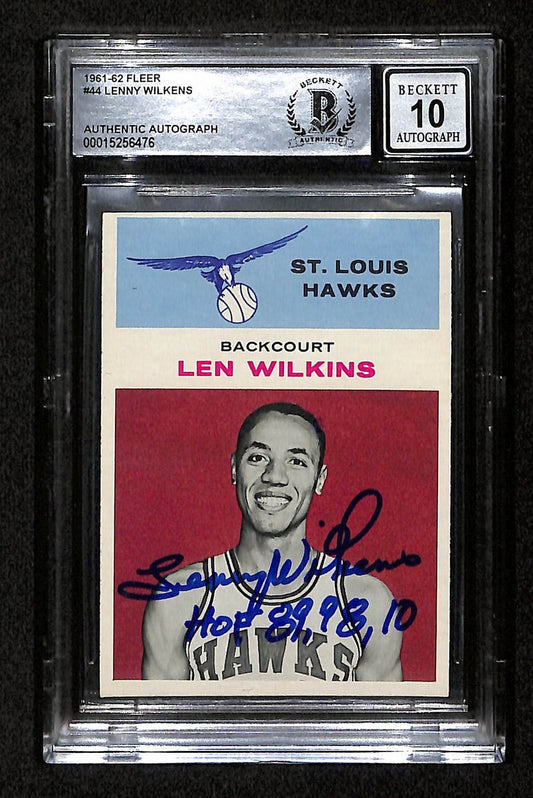 Len Wilkins HOF Signed/Inscr 1961-62 Fleer RC Card #44 BAS/Beckett GEM MINT 10