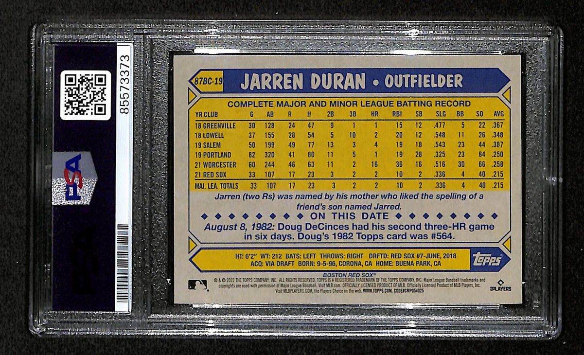 Jarren Duran Signed/Auto On Card 2022 TOPPS Card #878C-19 PSA/DNA 198755