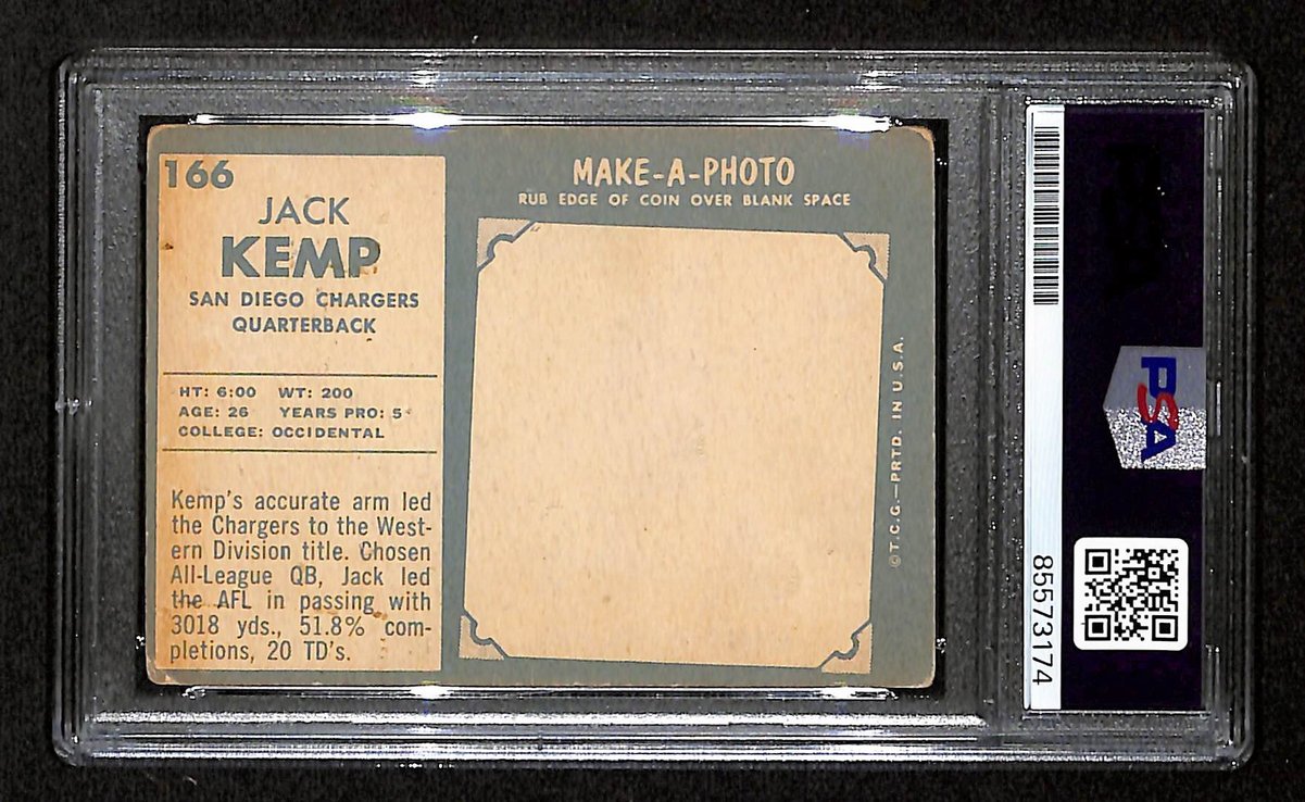 Jack Kemp Chargers Signed/Auto On Card 1961 TOPPS Card #166 PSA/DNA 198770
