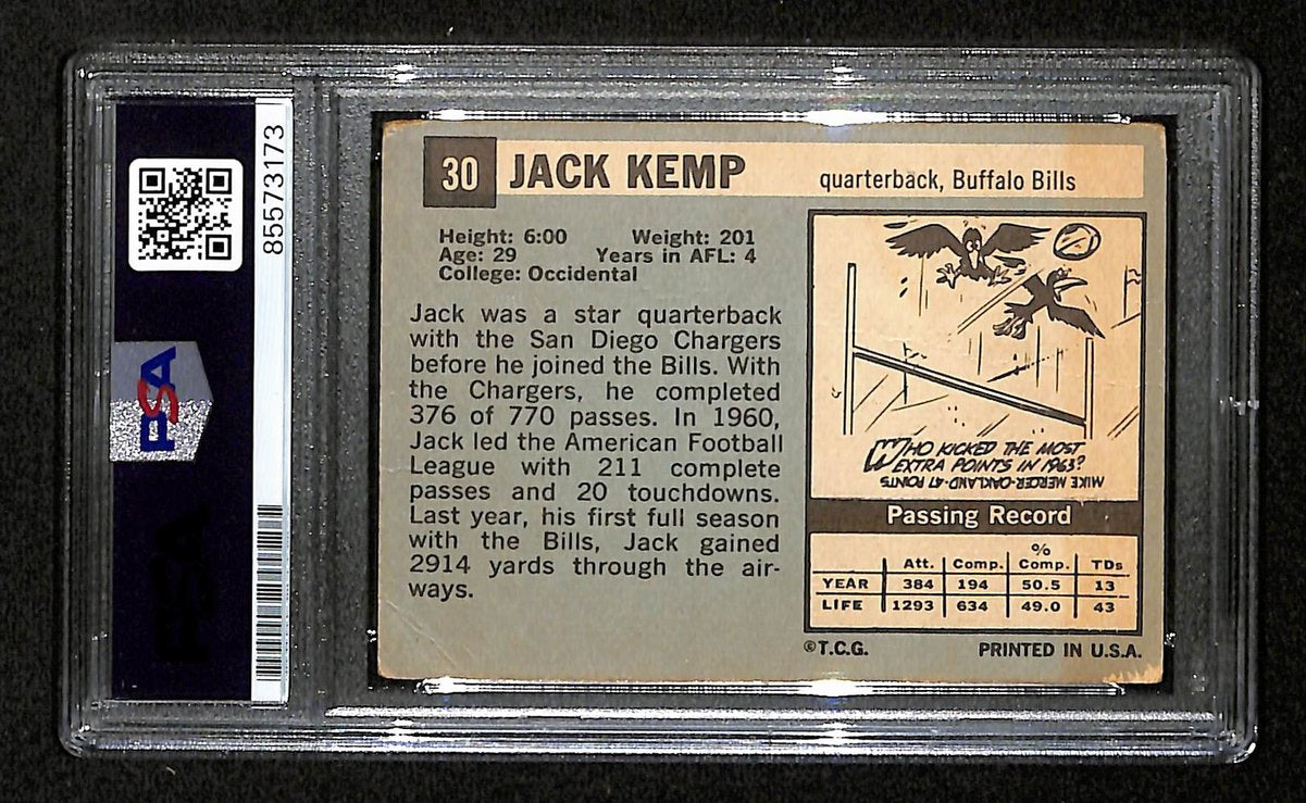 Jack Kemp Buffalo Bills Signed/Auto On Card 1964 TOPPS Card #30 PSA/DNA 198771