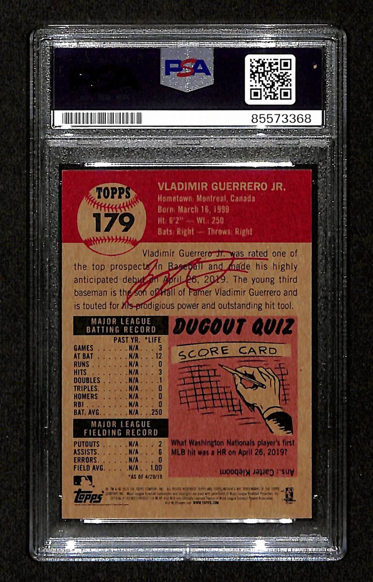 Vladimir Guerrero Jr. Signed/Auto On Card 2019 TOPPS Card #179 PSA/DNA 198756