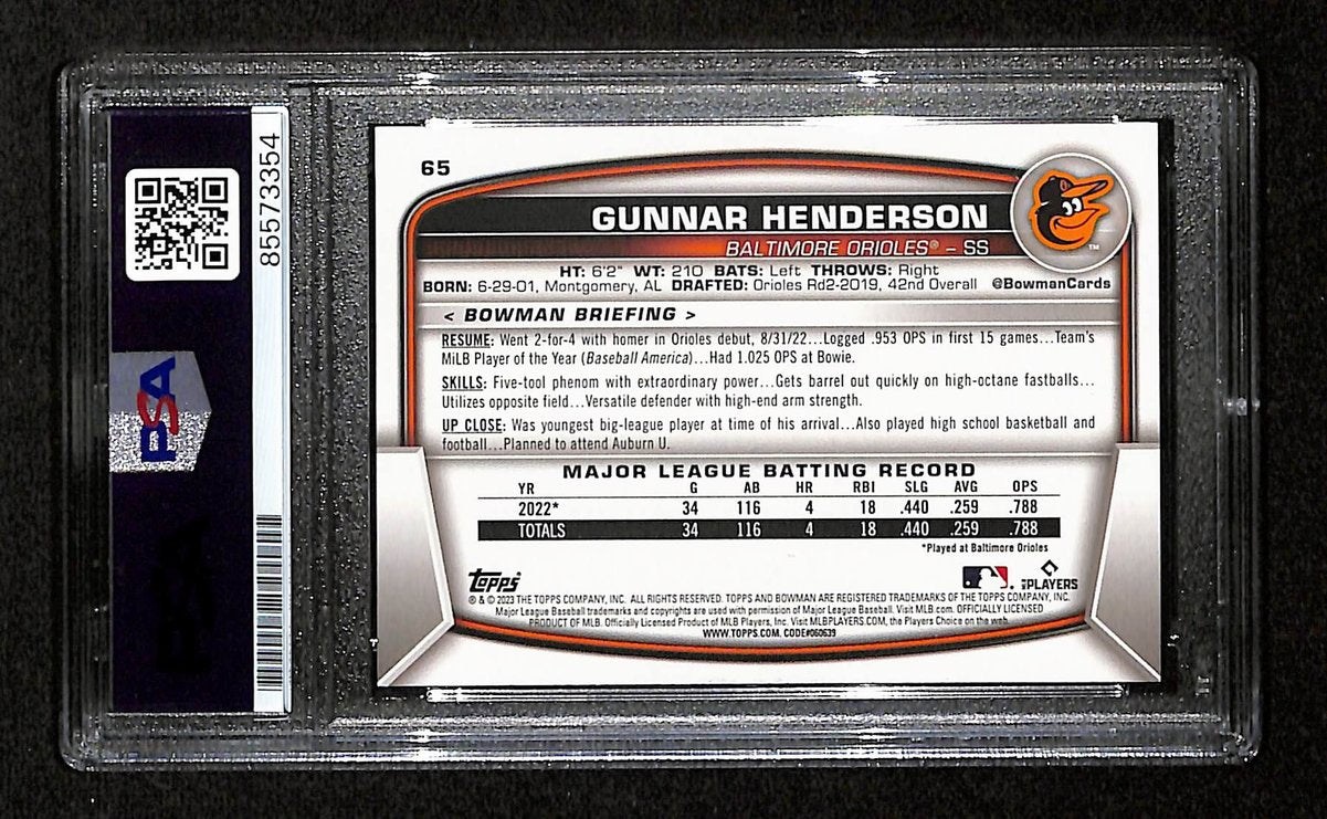Gunnar Henderson Signed/Auto On Card 2023 Bowman Card #65 PSA/DNA 198759