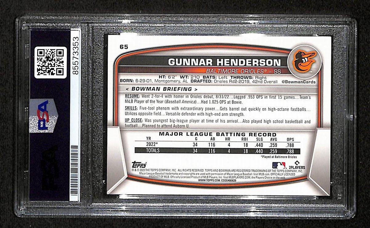 Gunnar Henderson Signed/Auto On Card 2023 Bowman Card #65 PSA/DNA 198760