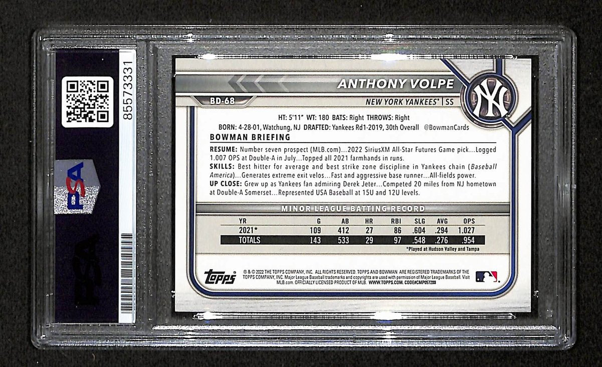 Anthony Volpe Signed/Auto On Card 2022 Bowman RC Card #BD-68 PSA/DNA 198763