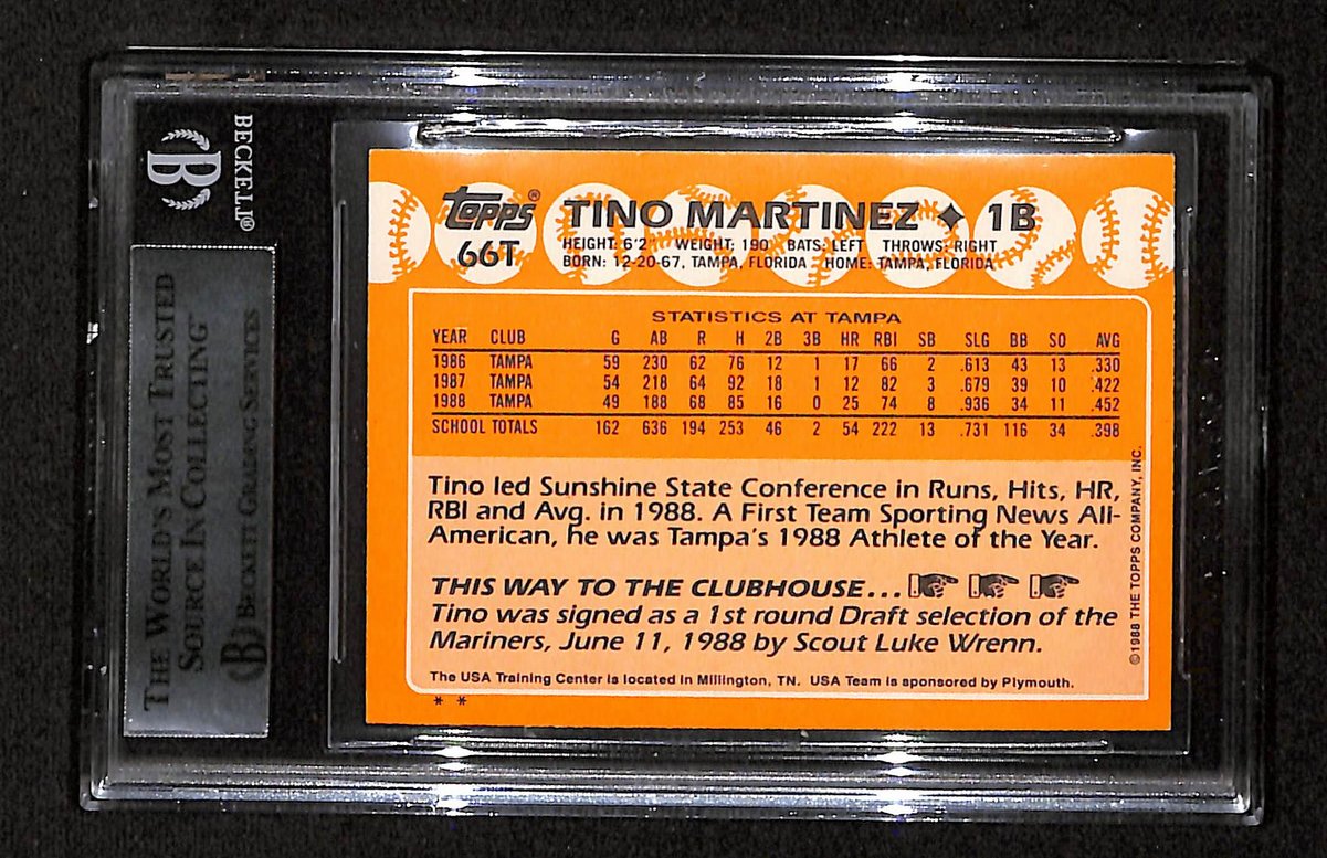 Tino Martinez Signed/Auto On Card 1988 TOPPS RC Card #66T BAS/Beckett 198342