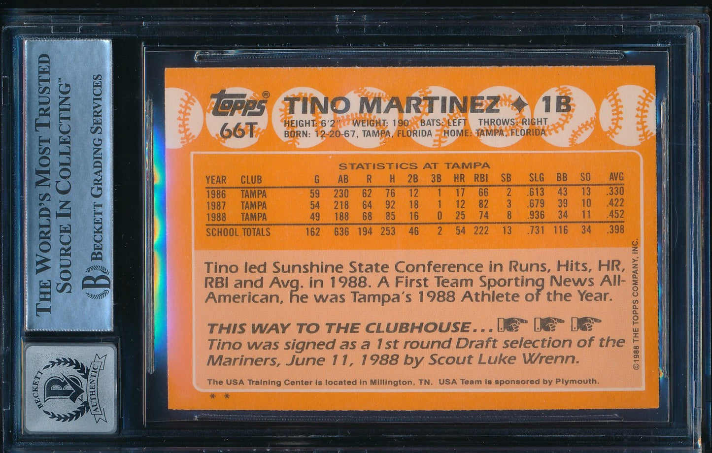 Tino Martinez Signed On Card 1988 TOPPS RC Card #66T BAS/Beckett GEM MINT 10