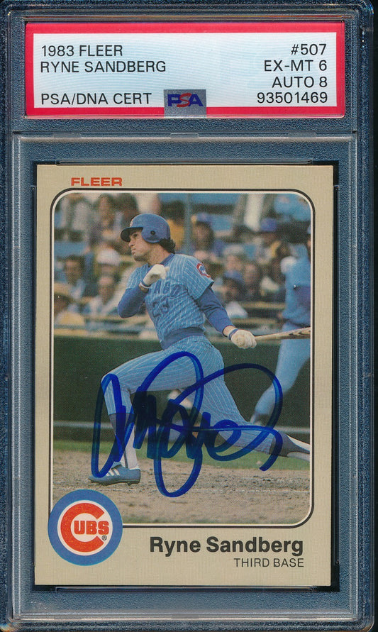 Ryne Sandberg HOF Signed On Card 1983 Fleer RC Card #507 PSA/DNA EX-MT 6 198344